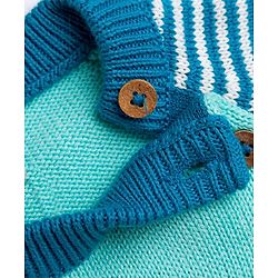 Babyhug 100% Cotton Knit Full Raglan Sleeves Striped Sweater Set with Cap & Bear Face Applique - Blue