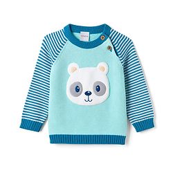 Babyhug 100% Cotton Knit Full Raglan Sleeves Striped Sweater Set with Cap & Bear Face Applique - Blue