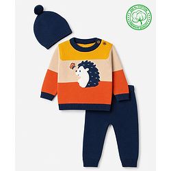 Babyhug 100% Cotton Knit Full Sleeves Animal & Butterfly Embroidered Sweater Set With Cap - Navy Blue