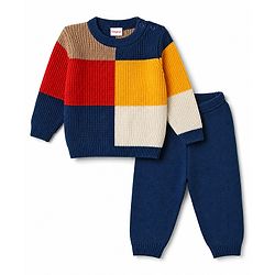 Babyhug Knit Full Sleeves Sweater Set With Block Design - Navy Blue