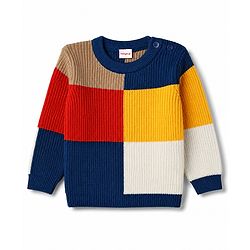 Babyhug Knit Full Sleeves Sweater Set With Block Design - Navy Blue