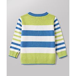 Babyhug Knitted Full Sleeves Striped & Car Designed Sweater Set - Blue