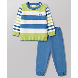 Babyhug Knitted Full Sleeves Striped & Car Designed Sweater Set - Blue