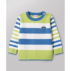Babyhug Knitted Full Sleeves Striped & Car Designed Sweater Set - Blue