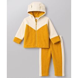 Babyhug Fur Full Sleeves Hooded Sweat Jacket & Lounge Pant Set with Cut & Sew & Colour Block Design - Mustard & Cream