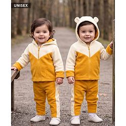 Babyhug Fur Full Sleeves Hooded Sweat Jacket & Lounge Pant Set with Cut & Sew & Colour Block Design - Mustard & Cream