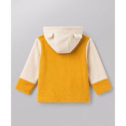 Babyhug Fur Full Sleeves Hooded Sweat Jacket & Lounge Pant Set with Cut & Sew & Colour Block Design - Mustard & Cream