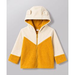 Babyhug Fur Full Sleeves Hooded Sweat Jacket & Lounge Pant Set with Cut & Sew & Colour Block Design - Mustard & Cream