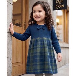 Babyhug Sweater-knit Full Sleeves Checkered Frock with Bow Applique - Navy