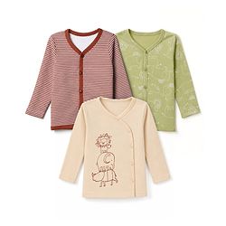 Babyhub 100% Cotton Interlock Knit Full Sleeves Stripped Jhablas with Hippo Elephant Lion Print Pack of 3 - Dark Red, Limegreen & Cream