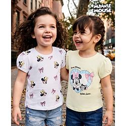 Babyhug Disney Cotton Knit Half Sleeves T-Shirts with Minnie Mouse Print Pack of 2  - White & Yellow