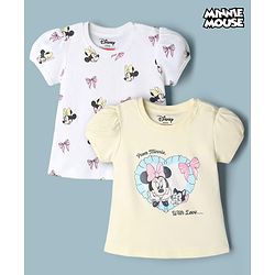 Babyhug Disney Cotton Knit Half Sleeves T-Shirts with Minnie Mouse Print Pack of 2  - White & Yellow