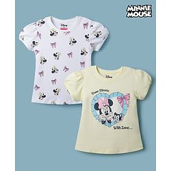 Babyhug Disney Cotton Knit Half Sleeves T-Shirts with Minnie Mouse Print Pack of 2  - White & Yellow