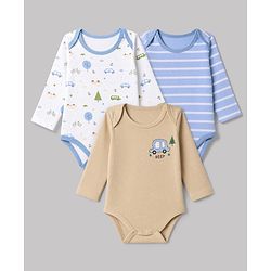 Babyhug 100% Cotton Interlock Knit Full Sleeves Striped Onesies With Car Print Pack of 3 - White, Light Blue & Beige