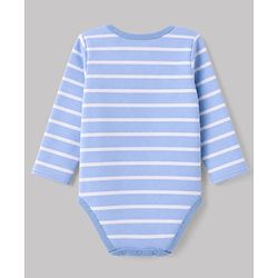 Babyhug 100% Cotton Interlock Knit Full Sleeves Striped Onesies With Car Print Pack of 3 - White, Light Blue & Beige
