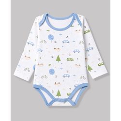 Babyhug 100% Cotton Interlock Knit Full Sleeves Striped Onesies With Car Print Pack of 3 - White, Light Blue & Beige