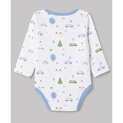 Babyhug 100% Cotton Interlock Knit Full Sleeves Striped Onesies With Car Print Pack of 3 - White, Light Blue & Beige