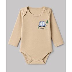 Babyhug 100% Cotton Interlock Knit Full Sleeves Striped Onesies With Car Print Pack of 3 - White, Light Blue & Beige