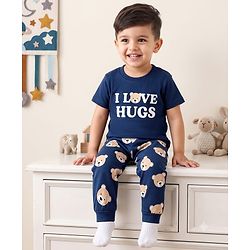 Babyhug 100% Cotton Knit Half Sleeves T-Shirt & Pyjama Night Suit Bear & Text Print -Navy