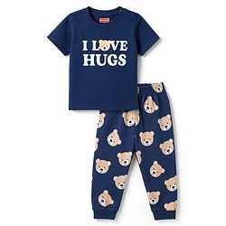 Babyhug 100% Cotton Knit Half Sleeves T-Shirt & Pyjama Night Suit Bear & Text Print -Navy