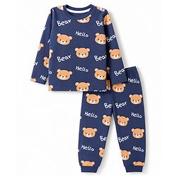 Babyhug Cotton Knit Full Sleeves T-Shirt & Pyjama Co-ords Night Suit With Teddy Bear Print - Navy Blue