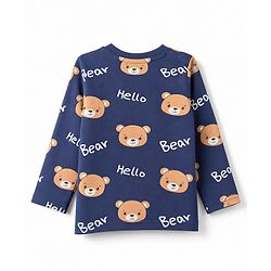 Babyhug Cotton Knit Full Sleeves T-Shirt & Pyjama Co-ords Night Suit With Teddy Bear Print - Navy Blue