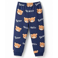 Babyhug Cotton Knit Full Sleeves T-Shirt & Pyjama Co-ords Night Suit With Teddy Bear Print - Navy Blue