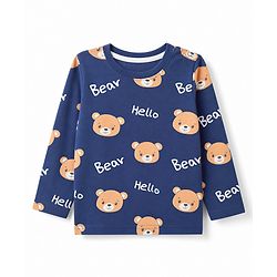 Babyhug Cotton Knit Full Sleeves T-Shirt & Pyjama Co-ords Night Suit With Teddy Bear Print - Navy Blue
