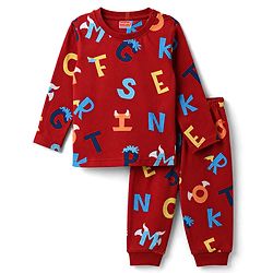Babyhug 100% Cotton Knit Full Sleeves Alphabet Printed Co-Ords T-Shirt & Pyjama Night Suit - Dark Red