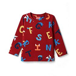 Babyhug 100% Cotton Knit Full Sleeves Alphabet Printed Co-Ords T-Shirt & Pyjama Night Suit - Dark Red