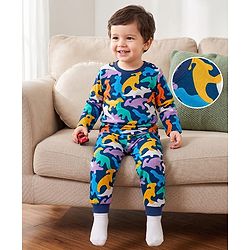 Babyhug 100% Cotton Knit Full Sleeves T-Shirt & Pyjama Night Suit With Dino Print - Navy