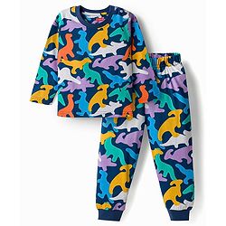 Babyhug 100% Cotton Knit Full Sleeves T-Shirt & Pyjama Night Suit With Dino Print - Navy