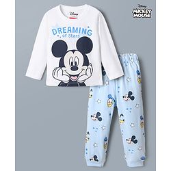 Babyhug Disney 100% Cotton Single Jersey Knit Full Sleeves T-Shirt & Pajama Night Suit with Mickey Mouse Graphic Print - Light Blue & White