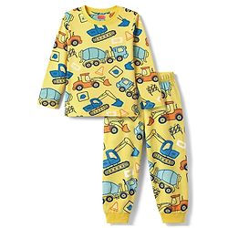 Babyhug Cotton Knit Full Sleeves T-Shirt & Pyjama Co-Ord Night Suit With JCB Print - Yellow