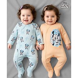 Babyhug Disney Interlock Knit Full Sleeves Footed Night Suit with Minnie Mouse Graphics Pack of 2 - Peach & Sky