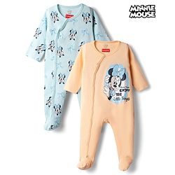 Babyhug Disney Interlock Knit Full Sleeves Footed Night Suit with Minnie Mouse Graphics Pack of 2 - Peach & Sky