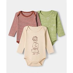Babyhug 100% Cotton Interlock Knit Full Sleeves Striped Onesies With Animal Print Pack of 3 - Green, Red & Beige