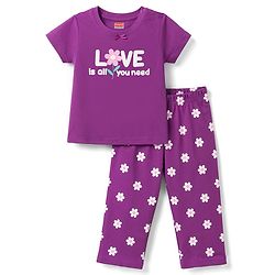 Babyhug 100% Cotton Knit Half Sleeves Floral & Text Printed T-Shirt & Pyjama Night Suit - Purple
