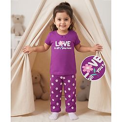 Babyhug 100% Cotton Knit Half Sleeves Floral & Text Printed T-Shirt & Pyjama Night Suit - Purple