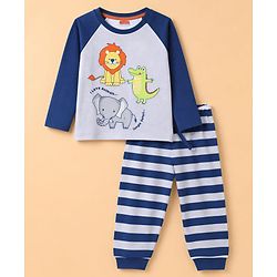 Babyhug 100% Cotton Knit Full Sleeves T-Shirt & Striped Pyjama Night Suit With Animal Print - Navy / Grey