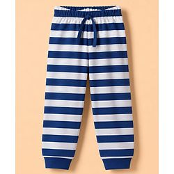 Babyhug 100% Cotton Knit Full Sleeves T-Shirt & Striped Pyjama Night Suit With Animal Print - Navy / Grey