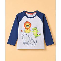 Babyhug 100% Cotton Knit Full Sleeves T-Shirt & Striped Pyjama Night Suit With Animal Print - Navy / Grey