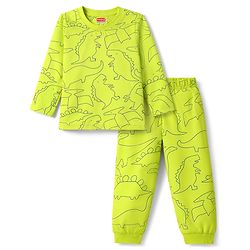 Babyhug Cotton Knit Full Sleeves T-Shirt & Pyjama Co-Ord Night Suit With Dino Print - Green