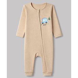 Babyhug 100% Cotton Interlock Knit Full Sleeves Rompers With Vehicle Print Pack of 2 - White & Beige