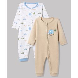 Babyhug 100% Cotton Interlock Knit Full Sleeves Rompers With Vehicle Print Pack of 2 - White & Beige