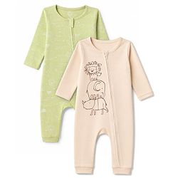 Babyhug 100% Cotton Interlock Knit Full Sleeves Rompers With Animal Print Pack of 2- Beige & Light Green