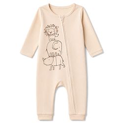 Babyhug 100% Cotton Interlock Knit Full Sleeves Rompers With Animal Print Pack of 2- Beige & Light Green