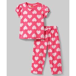 Babyhug 100% Cotton Knit Half Sleeves Hearts Printed Co-Ords T-Shirt & Pyjama Night Suit - Pink