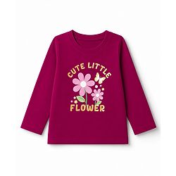 Babyhug Cotton Knit Full Sleeves T-Shirt & Pyjama Night Suit With Floral & Text Print - Maroon