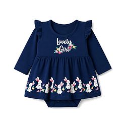 Babyhug 100% Cotton Interlock Knit Full Sleeves Text & Bunny Printed Onesie With Hairband - Navy